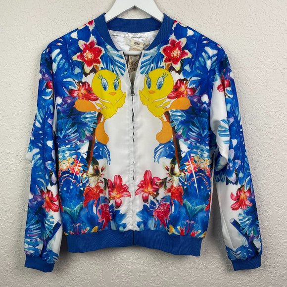 Plums Looney Tunes Jacket Womens XS Blue Tweety Bird Bomber Full Zip Front - Picture 2 of 11